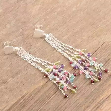 Multi Gemstone Beaded Dangle earring, Brass silver plated earring, Gift jewelry